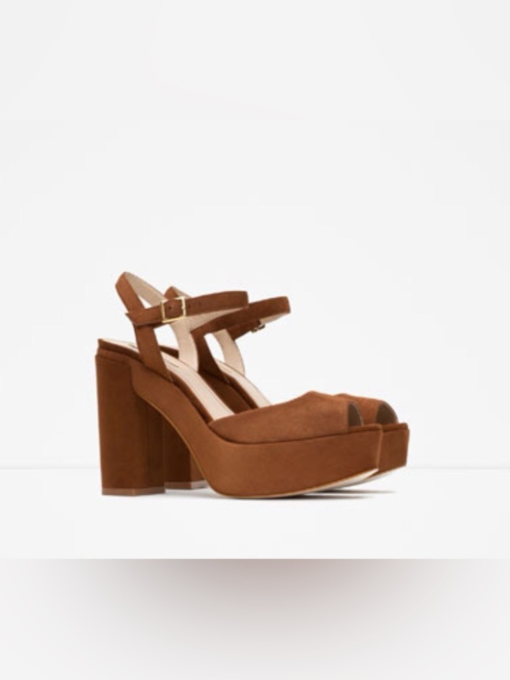 Zara Brown Suede Platform Block Heel Sandals